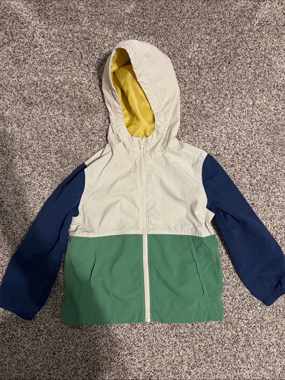 Old Navy Colorblocked Hooded Raincoat - Cream, Green & Navy with Yellow Lining